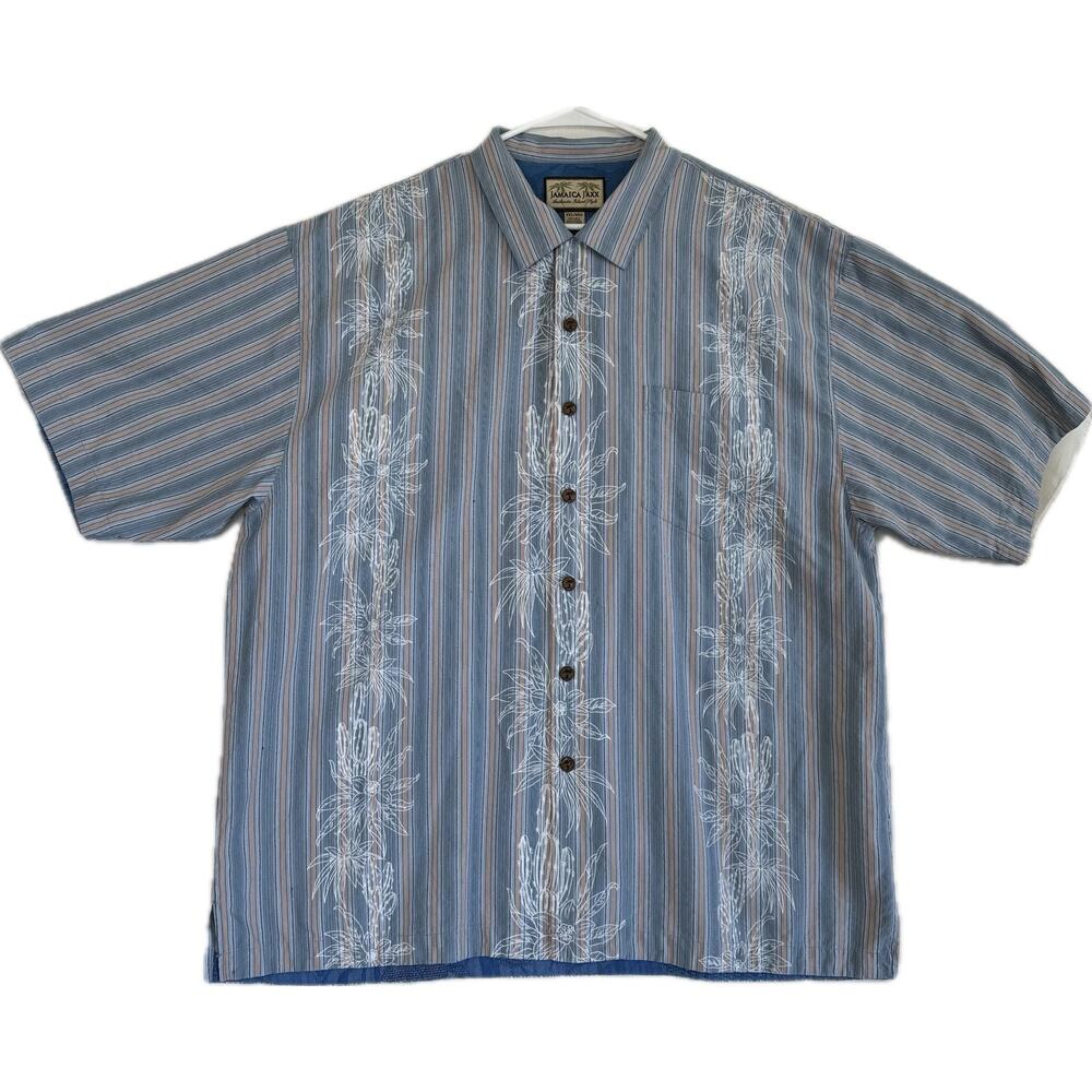 JAMAICA JAXX Authentic Island Style 100% Silk Shirt Men's Size XXL Blue Stripe